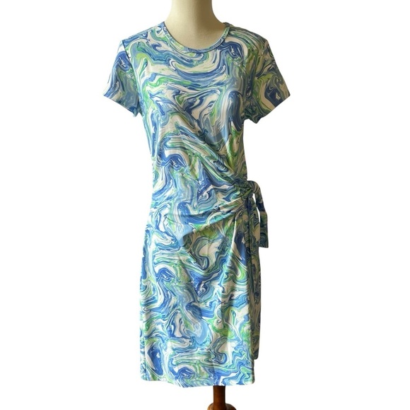J MCLAUGHLIN ELORA DRESS M WATERCOLOR COASTAL CATALINA CLOTH RUCHED SUMMER CHIC - Picture 2 of 13
